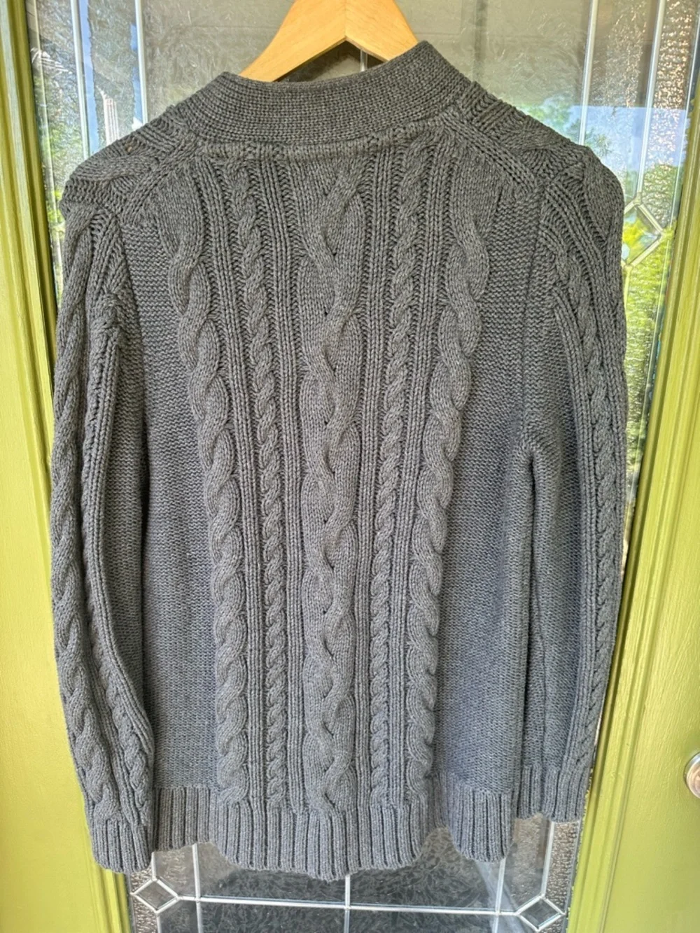 LL BEAN Womens XL Fisherman Cable Knit Button Up Grey Cardigan Sweater Heavy